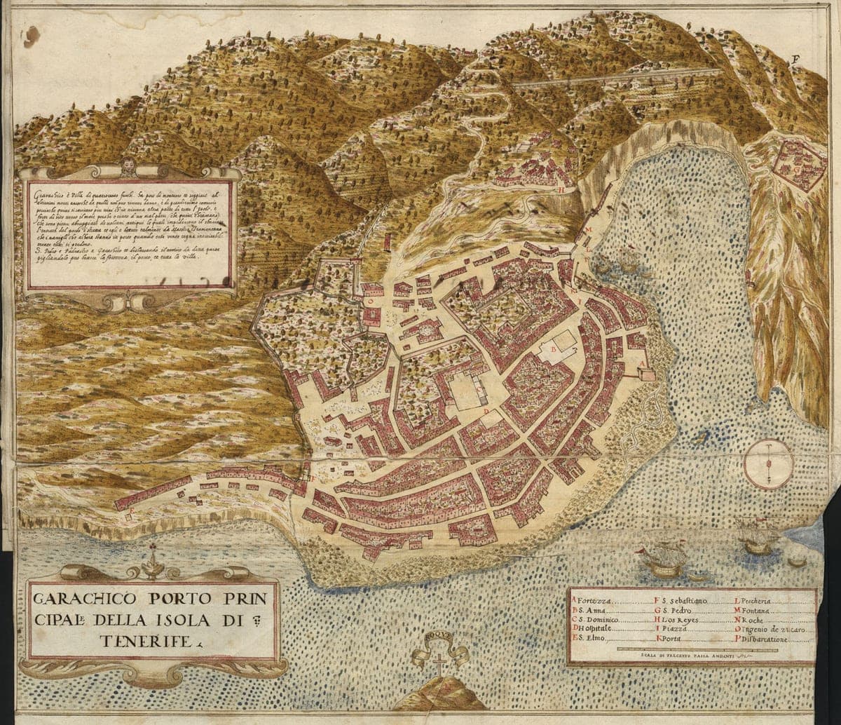 Grabado de Garachico por Leonardo Torriani, antes de la erupción de 1706