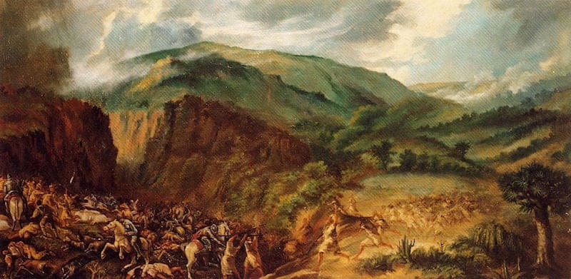 La Batalla de Acentejo (1494), óleo del siglo XIX que recrea el enfrentamiento entre castellanos y guanches.