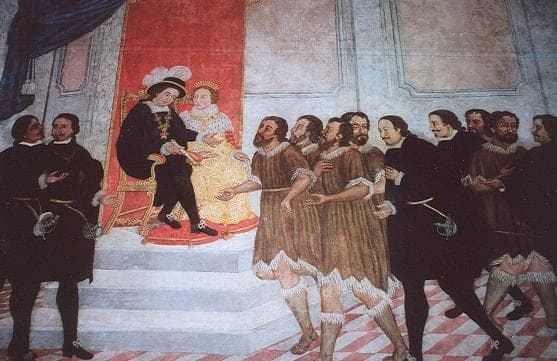 Alonso Fernández de Lugo presenta a los menceyes guanches cautivos ante los Reyes Católicos. Fresco de Carlos Acosta, 1764, antiguo Ayuntamiento de La Laguna.