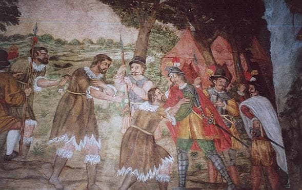 Rendición de los menceyes guanches al Adelantado Alonso Fernández de Lugo (1496). Fresco de Carlos Acosta, 1764.