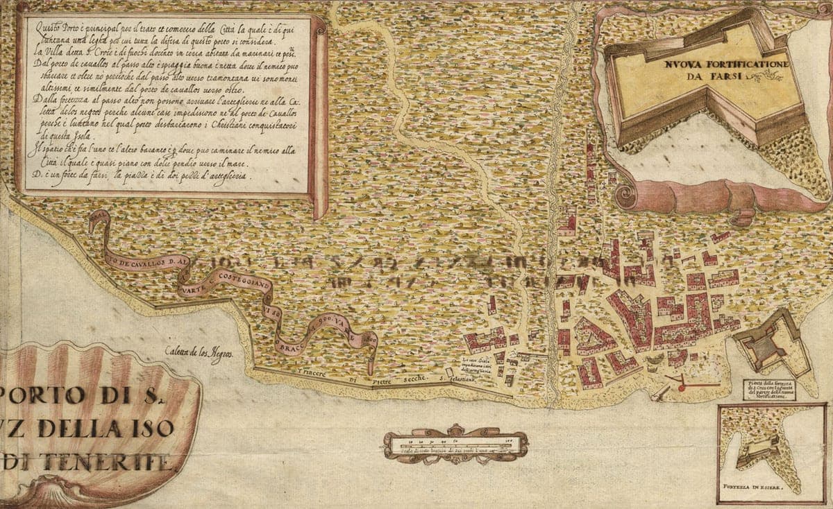 Vista de Santa Cruz de Tenerife a finales del siglo XVI, grabado de Leonardo Torriani (1592), zona del desembarco de la conquista.