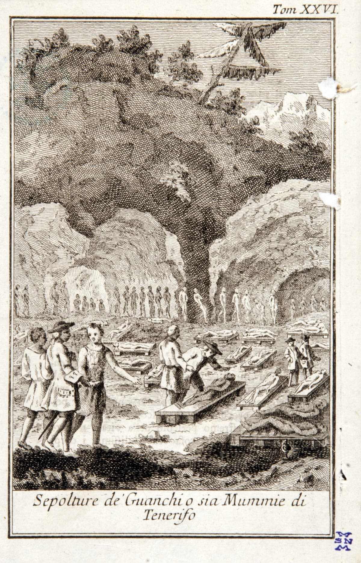 Grabado de 1766 que representa enterramientos y momias guanches de Tenerife